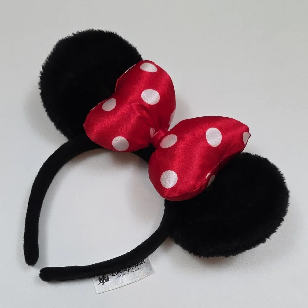 Disney Parks Minnie Mouse Ears - Fuzzy Black With Puffy Red Satin Bow Headband